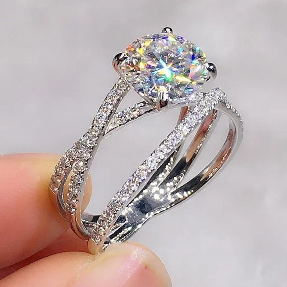 ▶Engagement CZ Clear Super Large Silver Plated Wedding Beautiful Ring, K993